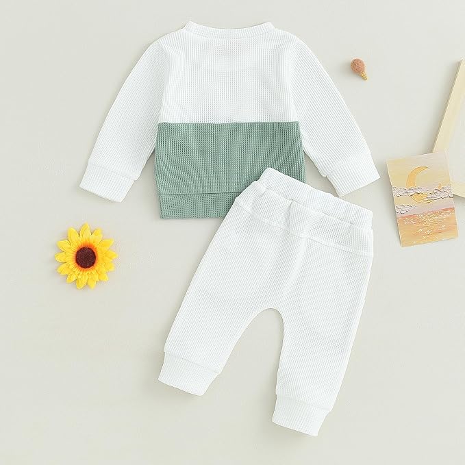 Toddler Baby Boy Fall Clothes Waffle Outfit Long Sleeve Color Blocking - Image 7
