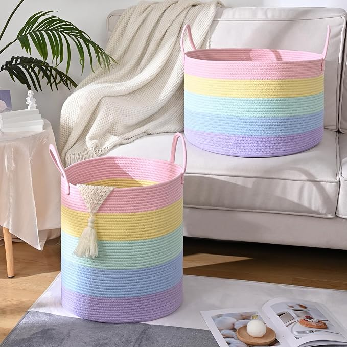 67L Rainbow Storage Basket for Organizing, Cotton Rope Woven Blanket Basket - Image 7
