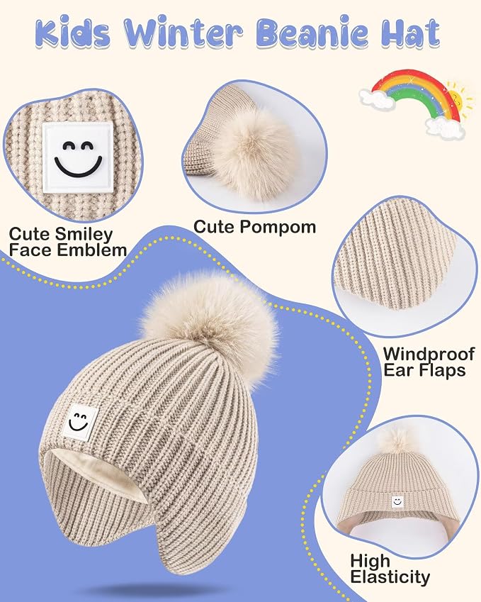 3 Pack Baby Winter Hats with Earflaps, 2 Size Kids Pom Pom Beanie - Image 5