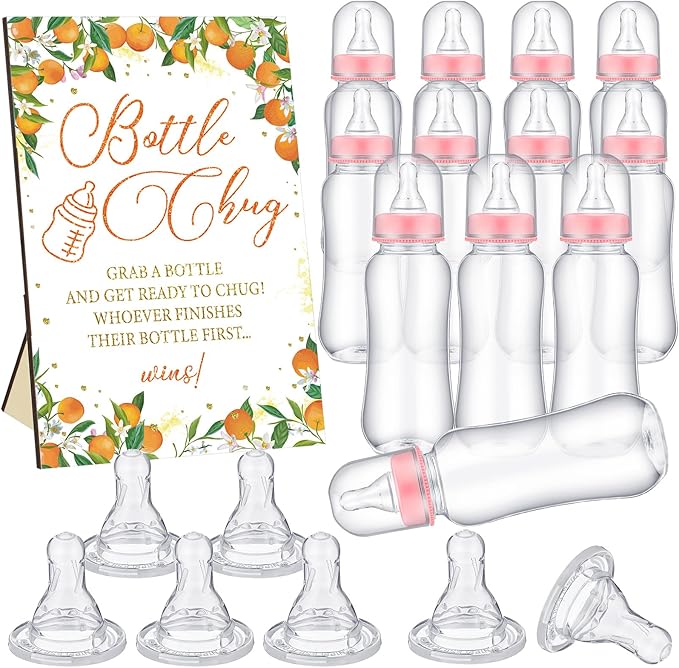 TrelaCo Little Cutie Cool Baby Shower Games Bottle Chug Sign Wooden Orange by TrelaCo
