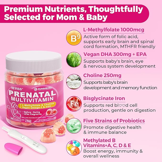 Prenatal Multivitamin Gummy for Women w/Methylfolate 1mg, Iron Choline Omega-3 - Image 3