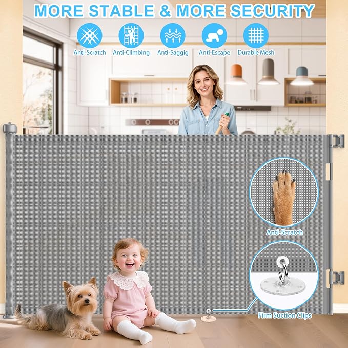 71 Inch Retractable Baby Gates Extra Wide, 41 Inch Reinforced Extra Tall Mesh - Image 3