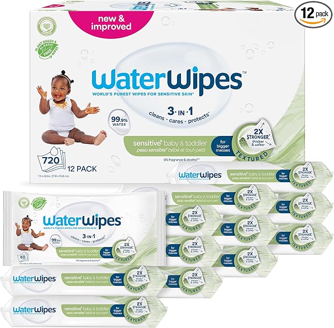 WaterWipes Sensitive+ Baby & Toddler Wipes, 3-In-1 Cleans, 99.9% Water by WaterWipes