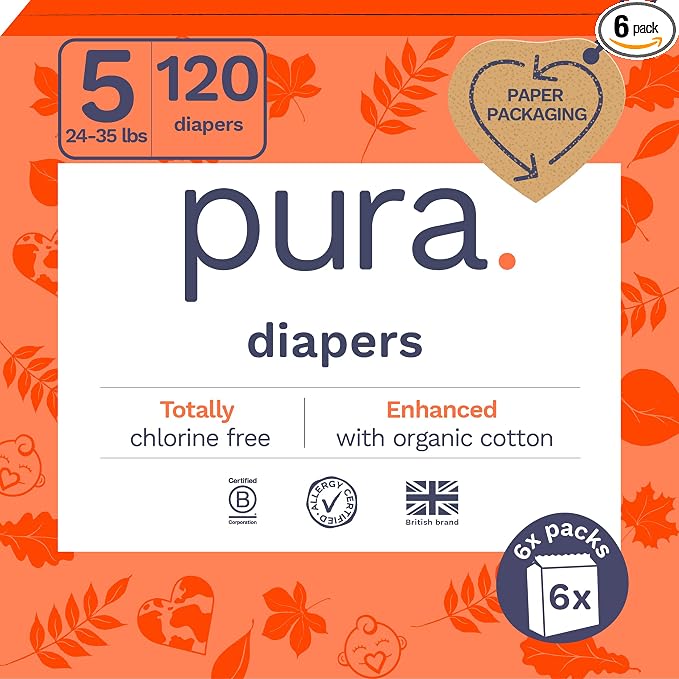 Pura Size 5 Eco-Friendly Diapers Totally Chlorine Free, Hypoallergenic by MyPura