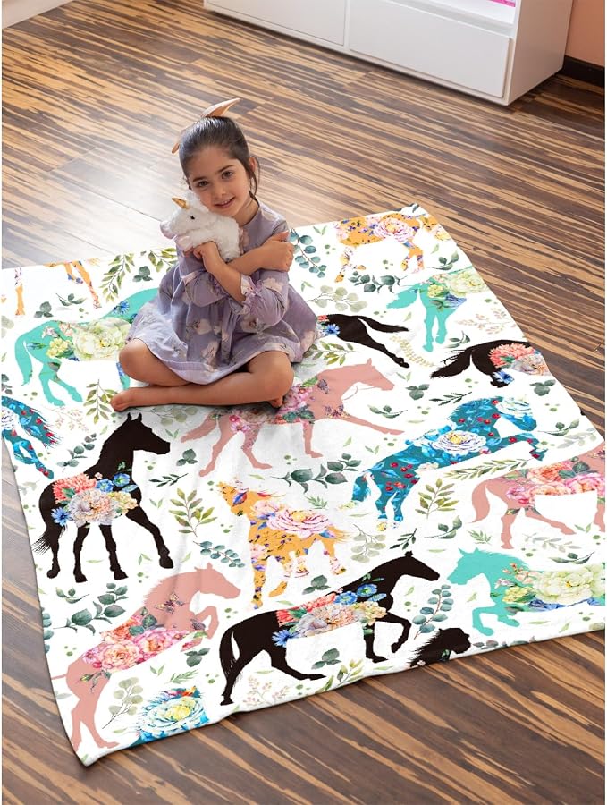 Colorful Floral Horse Blanket for Boys Girls, Flowers Animals Kids Throw - Image 6