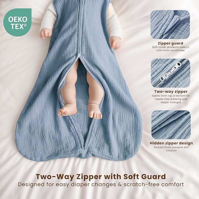 Konssy Muslin Baby Sleep Sack 6-12 Months 0.8 TOG, 2 Pack 100% Cotton Wearable - Image 2