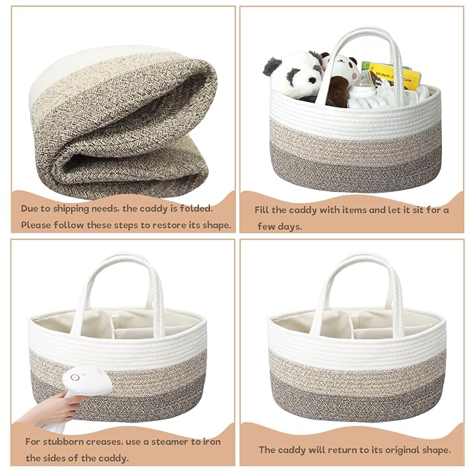 Baby Diaper Caddy Organizer, Large Cotton Rope Nursery Diaper Basket, Changing - Image 7