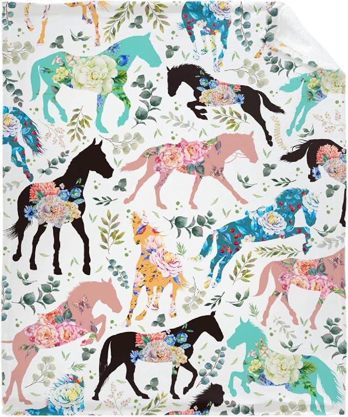 Colorful Floral Horse Blanket for Boys Girls, Flowers Animals Kids Throw - Image 2