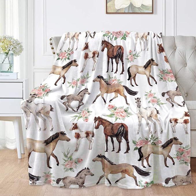 Horse Rose Blanket for Teen Flowers Throw Blanket Gifts for Girls Boys Soft by AUSMART