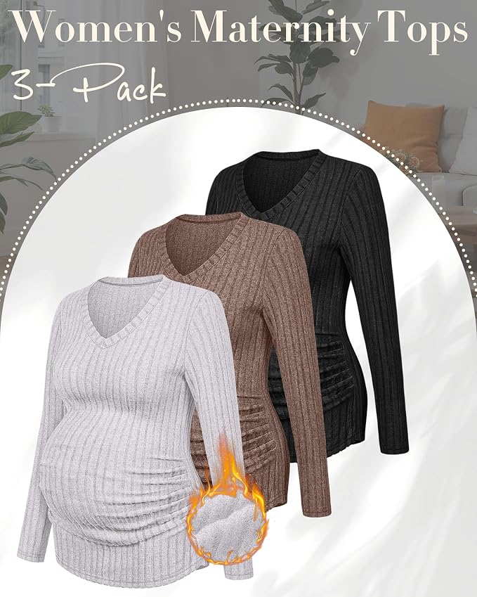 Ficerd 3 Pack Women's Maternity Shirts Ribbed Long Sleeve Pregnancy Tops V Neck - Image 3
