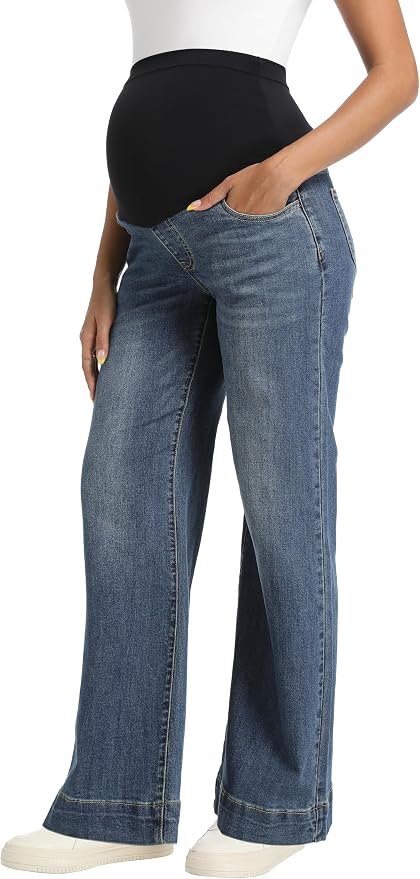 Foucome Women's Maternity Jeans Wide Leg Trendy Comfy Stretchy Straight Leg by Foucome