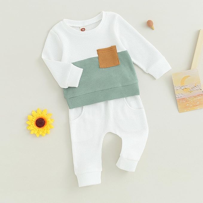Toddler Baby Boy Fall Clothes Waffle Contrast Color Sweatshirt Pants Sets - Image 3