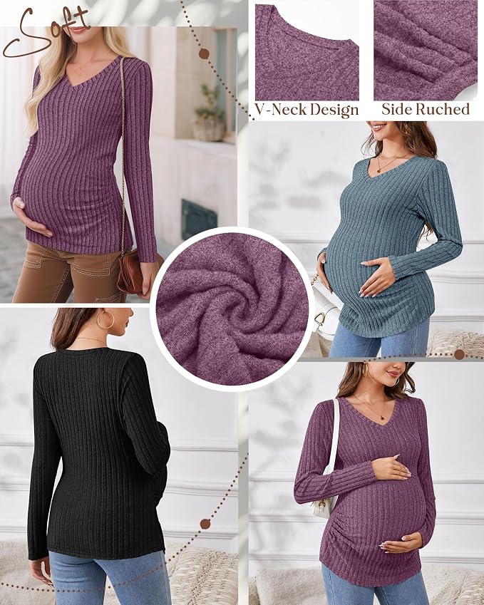 Ficerd 3 Pack Women's Maternity Shirts Ribbed Long Sleeve Pregnancy Tops V Neck - Image 4
