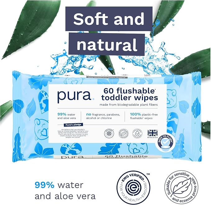 Pura Flushable Toddler Wipes 3 x 60 Wipes, 100% Plastic Free, 99% Water - Image 5