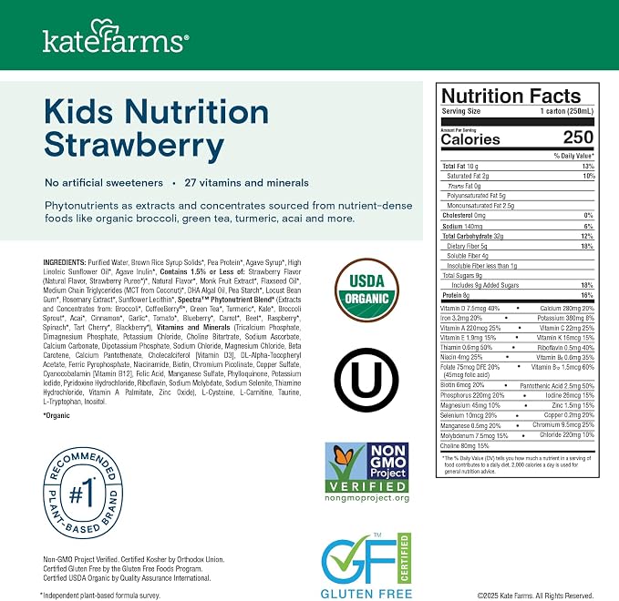 KATE FARMS Organic Kids Nutrition Strawberry Shake, 8g Protein, 27 Vitamins and - Image 6
