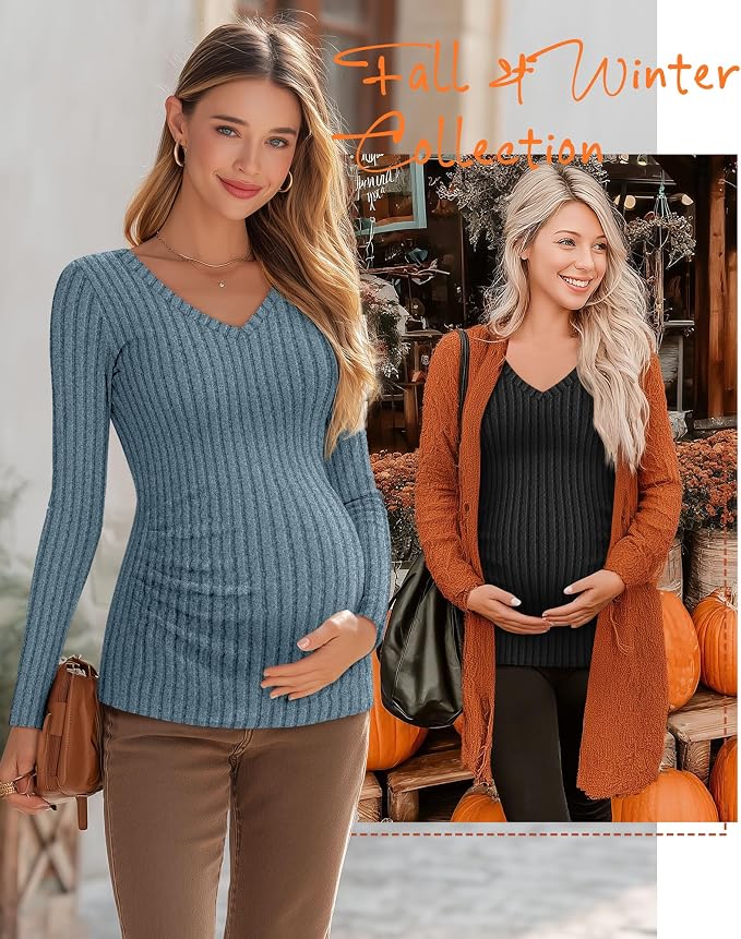 Ficerd 3 Pack Women's Maternity Shirts Ribbed Long Sleeve Pregnancy Tops V Neck - Image 5