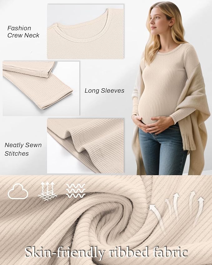 Riyiper 3 Pack Women's Maternity Shirts Long Sleeve Ribbed Knit Pregnancy Tees - Image 3