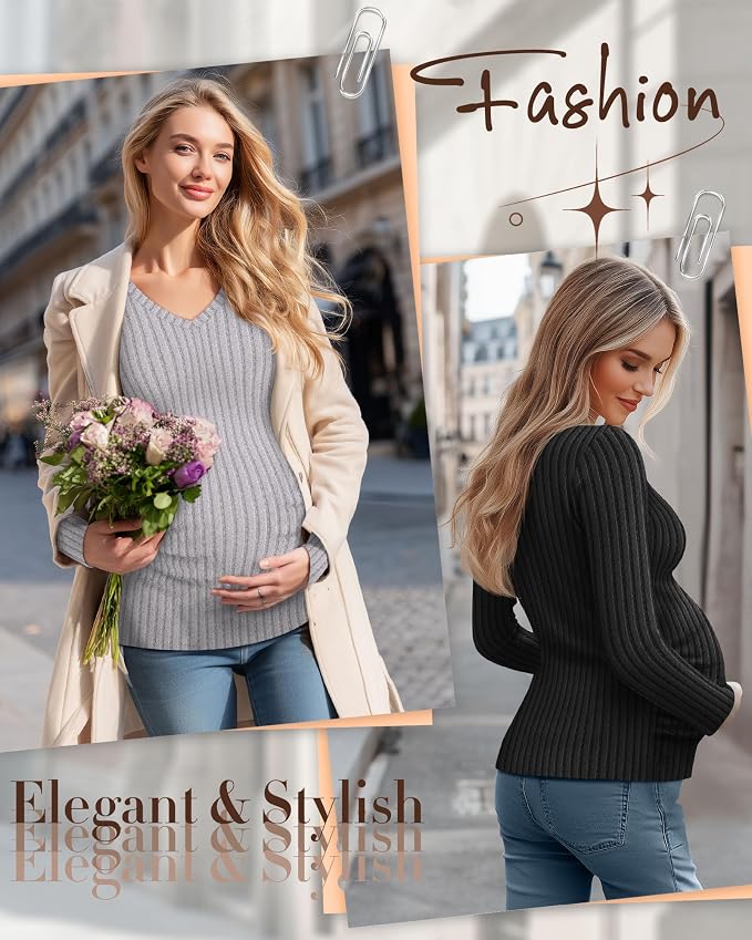 Ficerd 3 Pack Women's Maternity Shirts Ribbed Long Sleeve Pregnancy Tops V Neck - Image 2