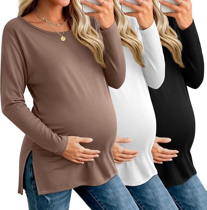 Riyiper 3 Pack Women's Maternity Long Sleeve T-Shirts Round Neck Side Split by Riyiper