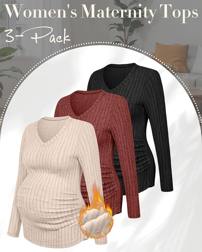 Ficerd 3 Pack Women's Maternity Shirts Ribbed Long Sleeve Pregnancy Tops V Neck - Image 3
