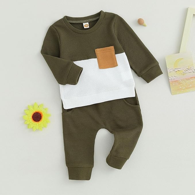 Toddler Baby Boy Fall Clothes Waffle Contrast Color Sweatshirt Pants Sets - Image 3