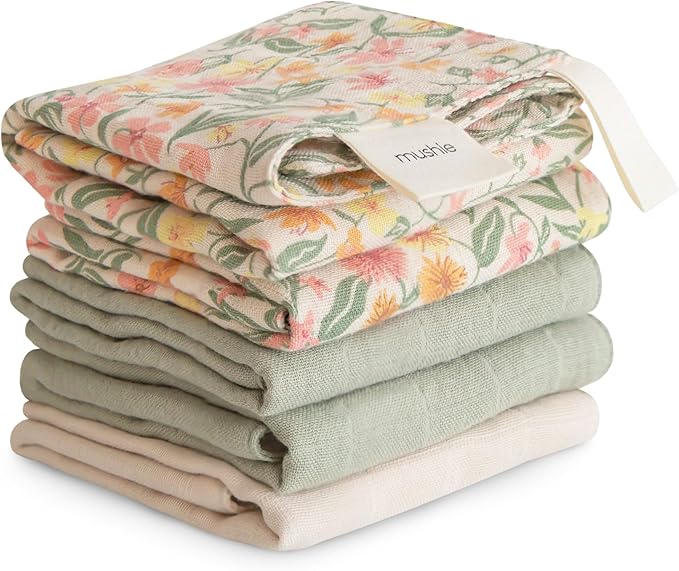 mushie Muslin Organic Cotton Washcloths 5-Pack | Soft Wipes by mushie