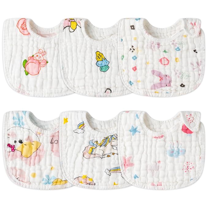 Zainpe 6Pcs Snap Muslin Cotton Baby Bibs Star Cat Rabbit Pattern Adjustable by Zainpe
