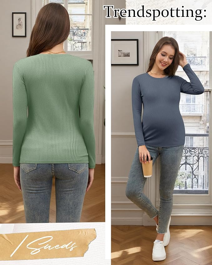 Riyiper 3 Pack Women's Maternity Shirts Long Sleeve Ribbed Knit Pregnancy Tees - Image 4