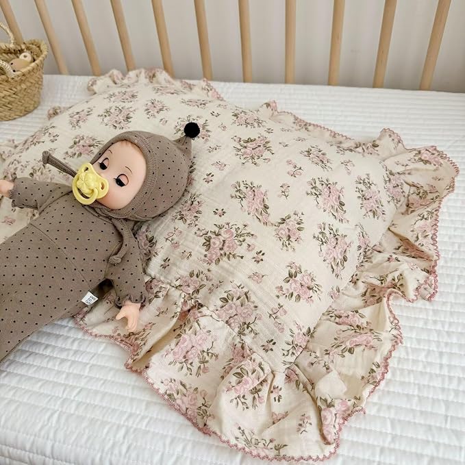 BuLuTu Muslin Cotton Toddler Pillowcases 14"x20", Shabby Chic Pink Floral Kids - Image 5