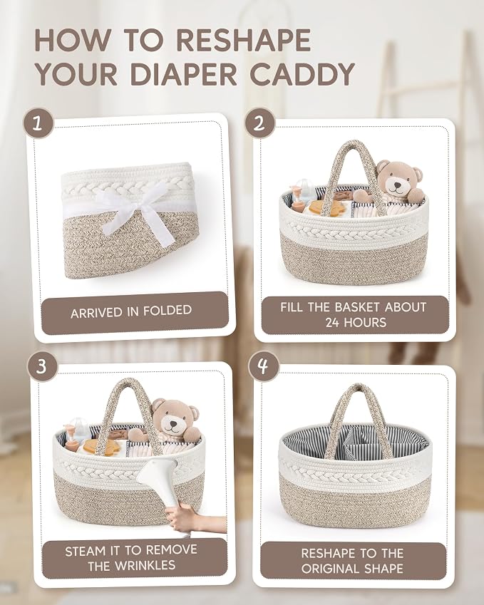 Maliton Diaper Caddy Organizer for Baby, Cotton Rope Baby Gift Basket, Portable - Image 7