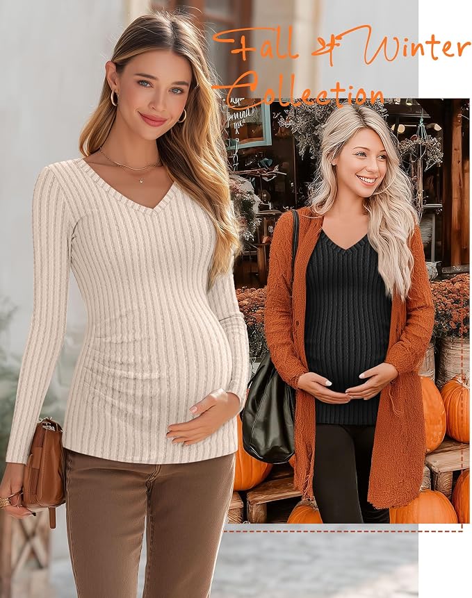 Ficerd 3 Pack Women's Maternity Shirts Ribbed Long Sleeve Pregnancy Tops V Neck - Image 5