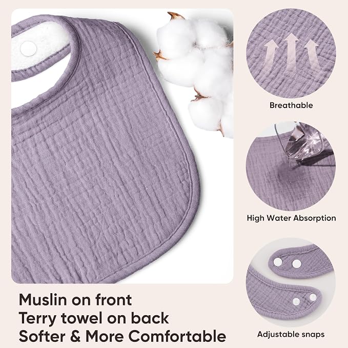Bearmoss Muslin Baby Drooling Bibs 8 Pack, 100% Cotton Square Adjustable - Image 2
