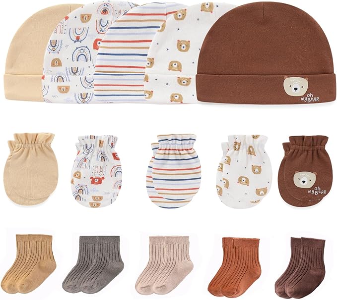 Newborn Baby Boy Girl Caps Mittens Socks Set Cotton Baby Essentials Accessories by MAMIMAKA