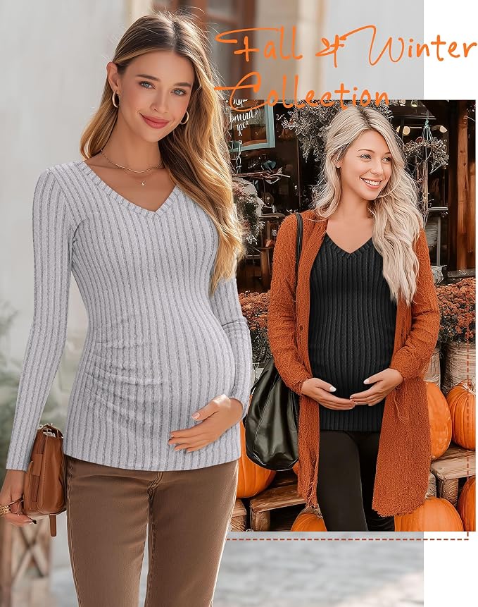Ficerd 3 Pack Women's Maternity Shirts Ribbed Long Sleeve Pregnancy Tops V Neck - Image 5