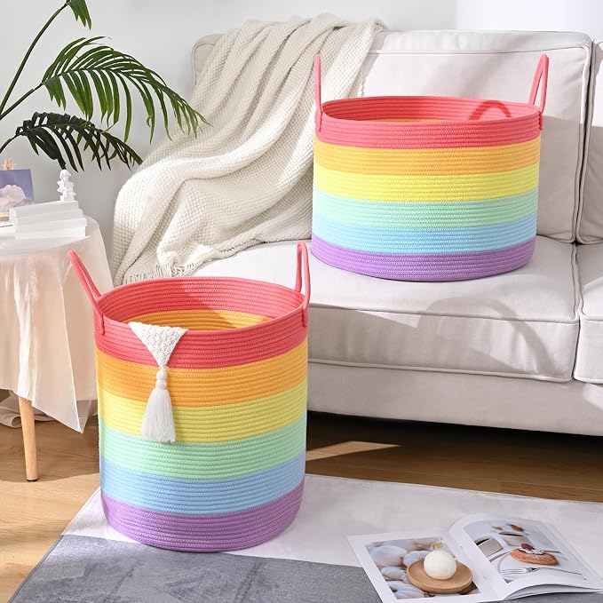 67L Rainbow Storage Basket for Organizing, Cotton Rope Woven Blanket Basket - Image 4