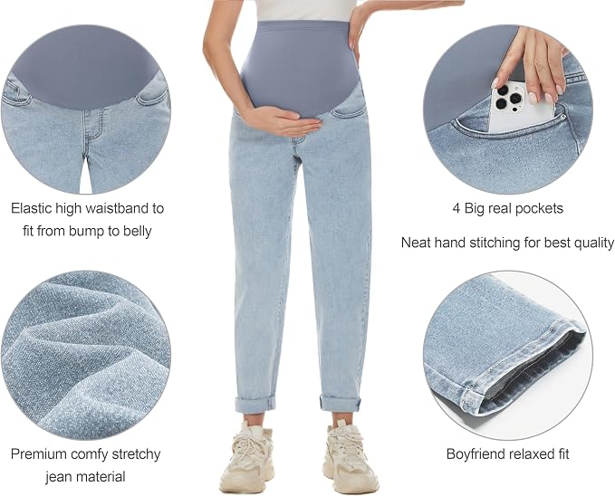 POSHGLAM Women's Maternity Jeans Over Belly Comfy Stretch 28'' Boyfriend Jeans - Image 2