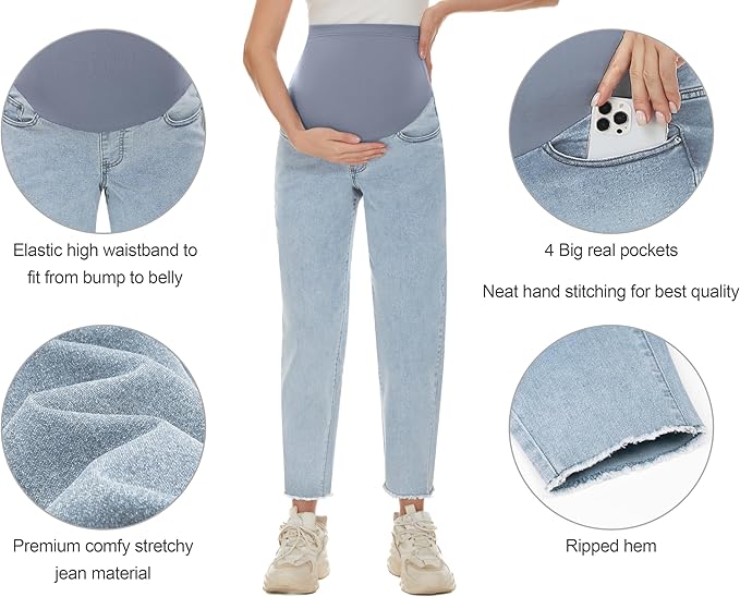 POSHGLAM Women's Maternity Jeans Over Belly Comfy Stretch 28'' Boyfriend Jeans - Image 2