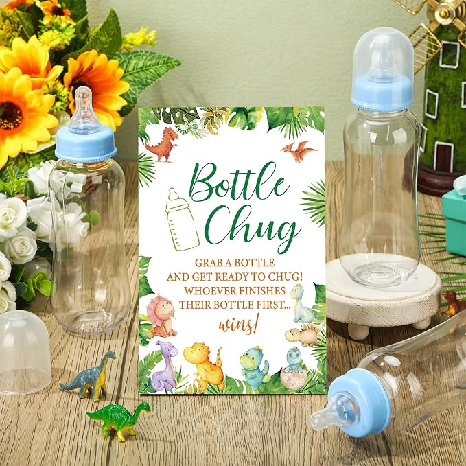TrelaCo Dinosaur Cool Baby Shower Games Bottle Chug Sign Wooden Green Leaf Gift - Image 2
