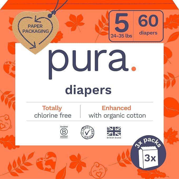 Pura Size 5 Eco-Friendly Diapers Totally Chlorine Free Hypoallergenic, Soft by MyPura