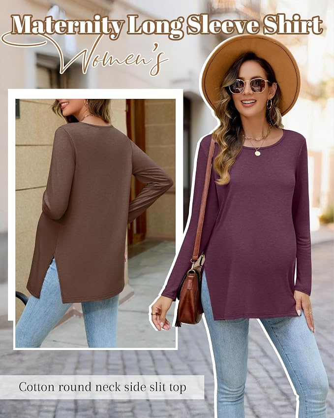 Riyiper 3 Pack Women's Maternity Long Sleeve T-Shirts Round Neck Side Split - Image 5