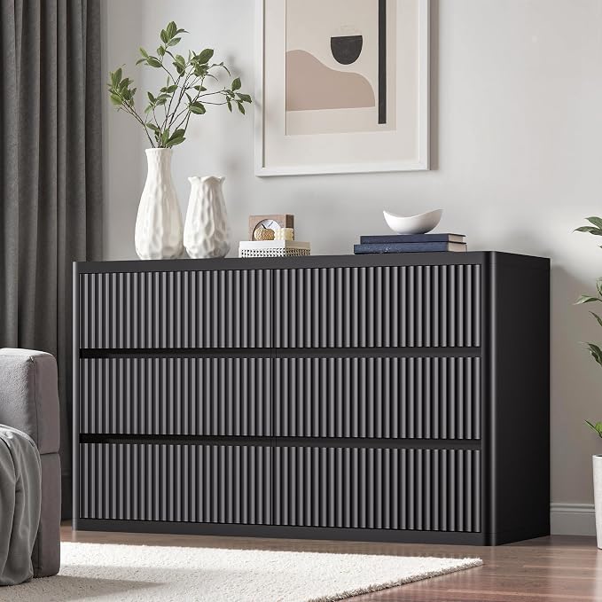 Black Dresser for Bedroom with 6 Double Drawers, Modern Fluted Dresser TV Stand - Image 4