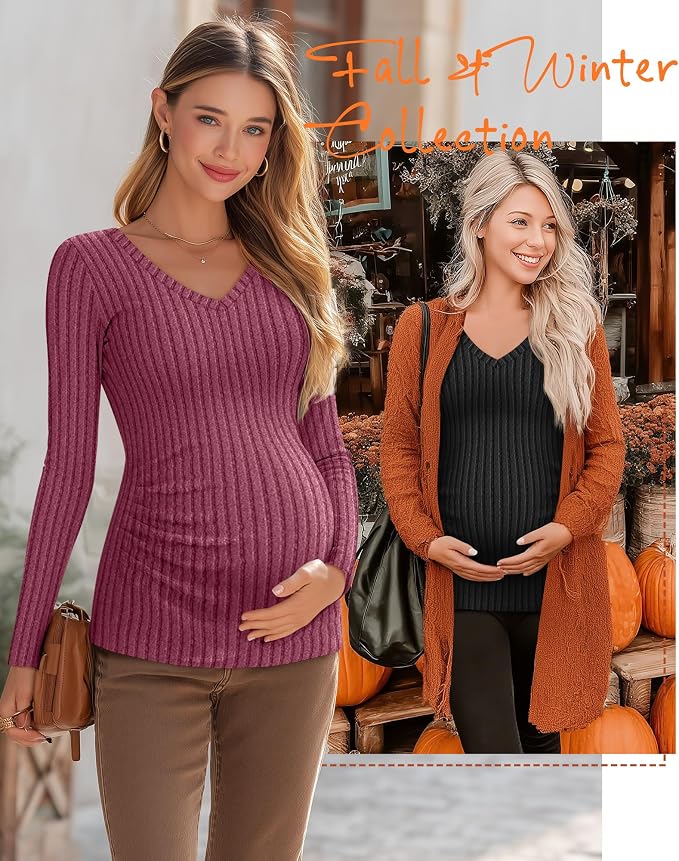 Ficerd 3 Pack Women's Maternity Shirts Ribbed Long Sleeve Pregnancy Tops V Neck - Image 5
