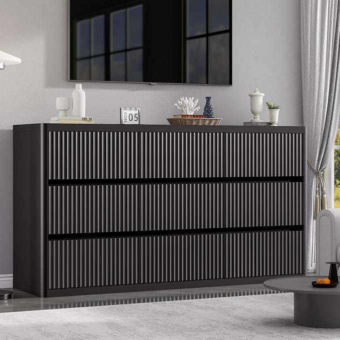 Black 9 Drawers Dressers for Bedroom, Curved Profile, Modern Flute Dresser TV - Image 6