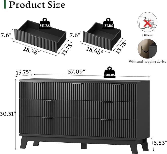 Fluted Dresser with 7 Drawers, Wooden Dresser TV Stand, Modern Closet Clothes - Image 2