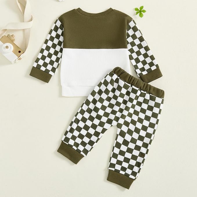 Toddler Baby Boy Fall Clothes Waffle Outfit Long Sleeve Color Blocking - Image 7
