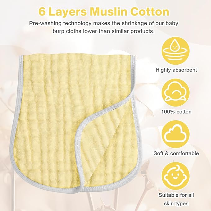 MUKIN Baby Muslin Burp Cloth Set of 6, Ultra Soft Absorbent Thick Cotton - Image 6