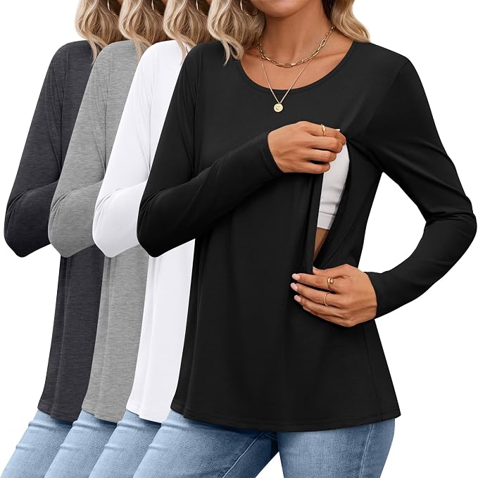 4 Pack Women's Cotton Nursing Tops, Breastfeeding Maternity by Oakgarden