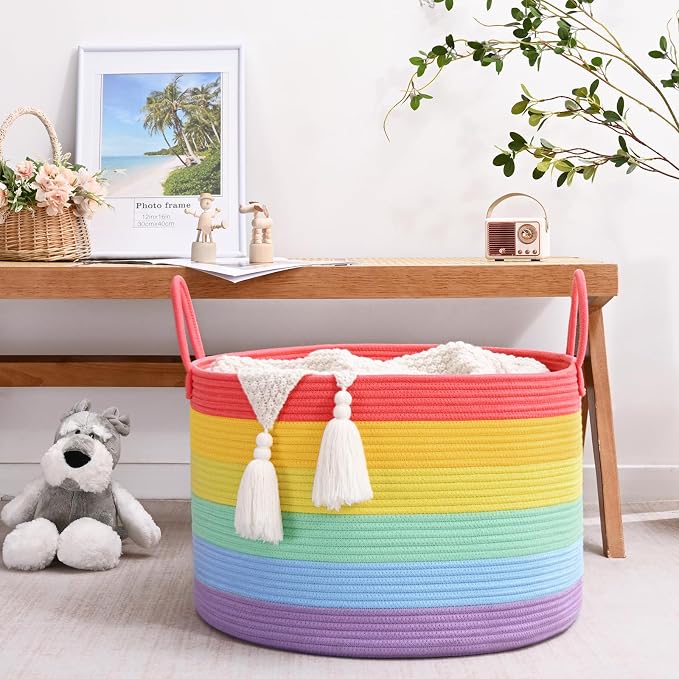 67L Rainbow Storage Basket for Organizing, Cotton Rope Woven Blanket Basket - Image 7