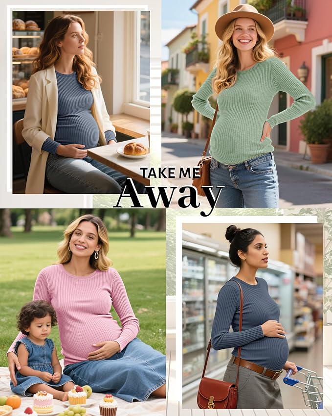 Riyiper 3 Pack Women's Maternity Shirts Long Sleeve Ribbed Knit Pregnancy Tees - Image 5