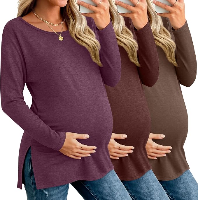 Riyiper 3 Pack Women's Maternity Long Sleeve T-Shirts Round Neck Side Split by Riyiper